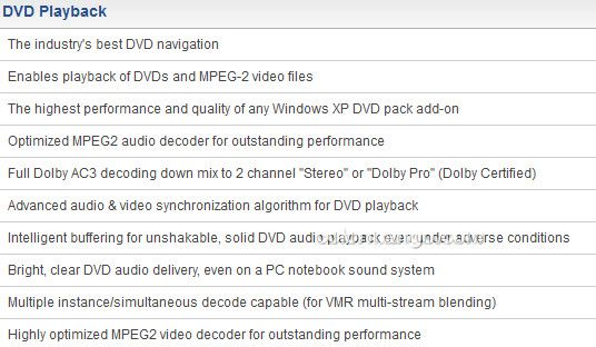 CinePlayer DVD Decoder Pack for Windows XP Feature