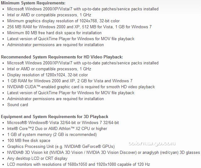 Movavi 3D Media Player Requirements