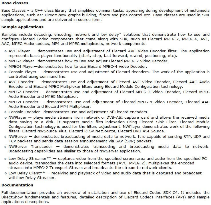 Elecard Codec SDK G4 Feature