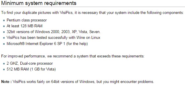 VisiPics System Requirements