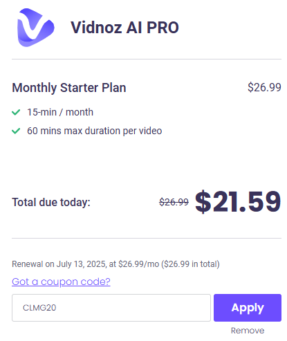 Vidnoz AI coupon